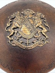 Antique Vtg Italy Leather Wrapped Trinket Jewelry Box Prominent Metal Crest
