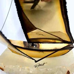 De Mott Brass Copper Sailboat 9″ Ship Signed Art Sculpture Onyx 1970s Heavy Vtg
