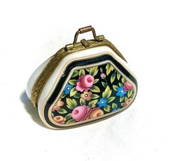 France French Limoges Floral Purse Satchel Bag Trinket Box Peint Main Limoge