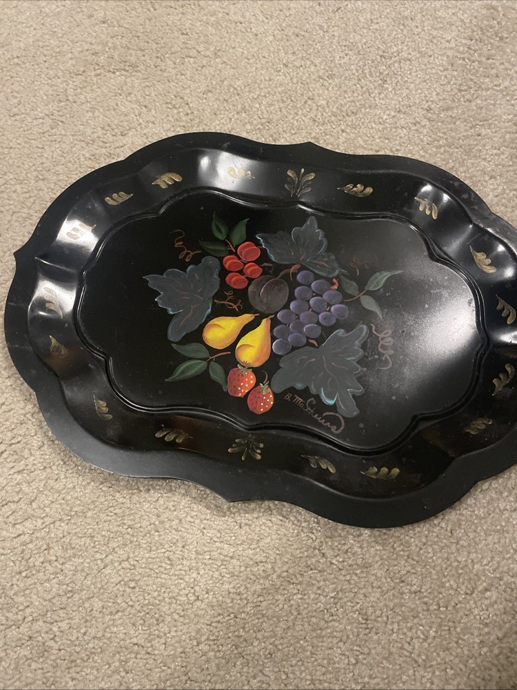 Vintage Metal Fruit Toleware Hand Painted Tray 13” x 18” Signed