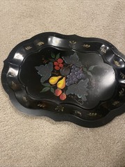 Vintage Metal Fruit Toleware Hand Painted Tray 13” x 18” Signed