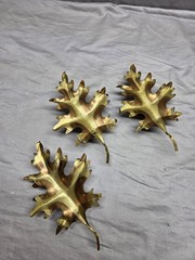 Vtg Home Interiors Brass Tone Oak Leaves Wall Art Hanging Decor 3 Pc Set MCM 7in