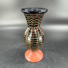 Hand Blown Studio Art Glass Vase Halloween Decor Artist Signed Red Black Spider
