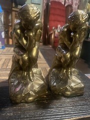 Vtg Rodin Thinker Cast Metal Bronze Finish Bookends Marble Base Art Deco Heavy