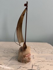 Vintage Signed DEMOTT Sailboat Sculpture USA Onyx Base Copper Brass-8.5”