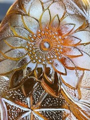 Amber Glass Candy Dish Carnival Glass Sunflower Pattern Oval Vintage Chip