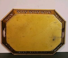 Vtg Toleware Metal Octagon Gold Tray Hand Painted Fruit Reticulated Handles
