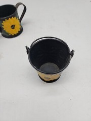 Vintage Miniature Metal Watering Can & Bucket Painted Sunflowers, 2″-3″ Tall