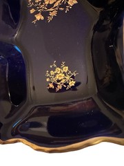 Limoges Castel France Black Porcelain Trinket Vanity Tray Gold Floral 9″ Scallop
