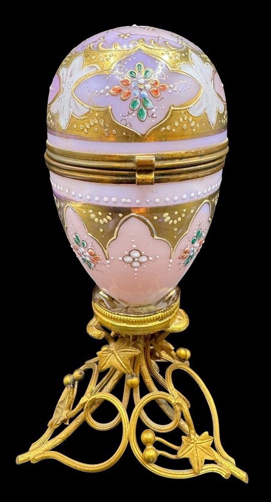 Antique French Pink Opaline Glass Egg Perfume Casket Palais Royal Jewelry Box