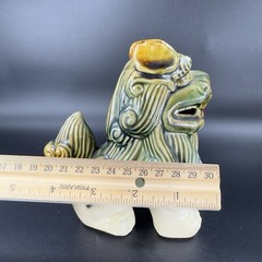 Vintage 1980s Ceramic Majolica Green Foo Dogs Set 2 Shishi Lions Good Luck vtg
