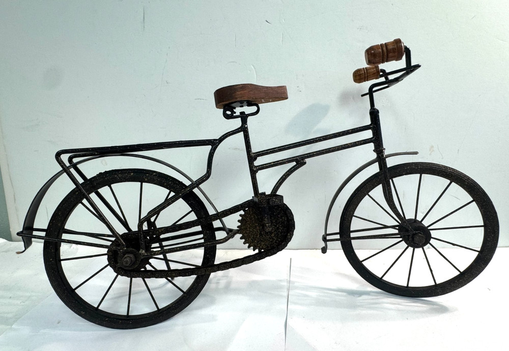 Large 19″ L Collectible Wooden & Wrought Iron Bicycle Model Black Vtg WORKS!
