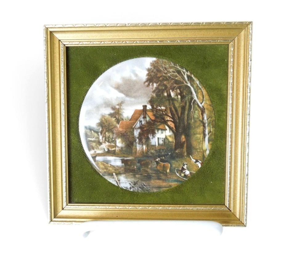 Vintage Healacraft England Framed Ceramic Landscape Plaque Velvet Decor 5″