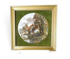 Vintage Healacraft England Framed Ceramic Landscape Plaque Velvet Decor 5″