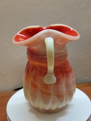 1940 Akro Agate Slag Glass Pitcher Orange Red Creamy White Swirl UV Glow
