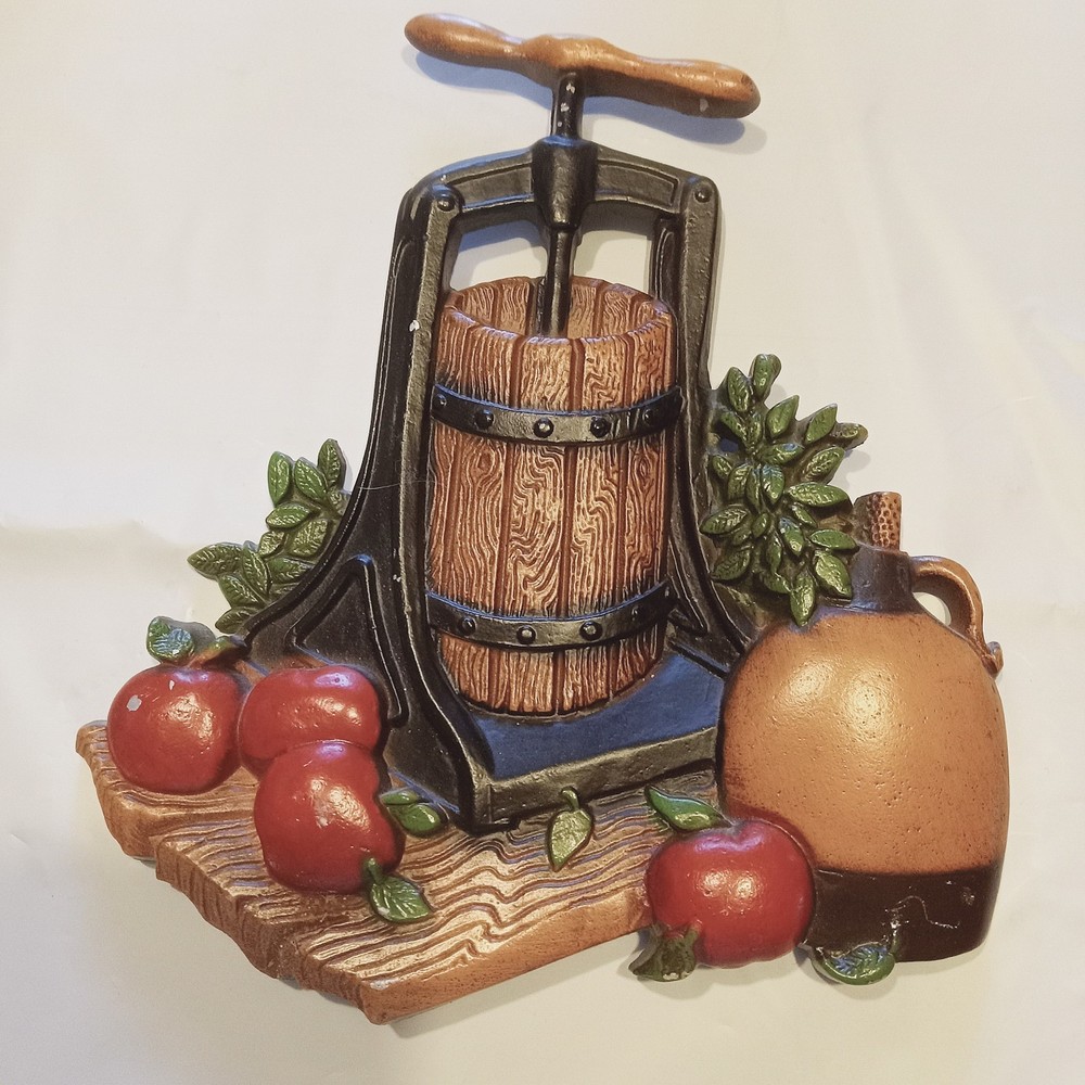 Vintage 1978 HOMCO 1270 BX Cast Aluminum Wall Decor Plaque Apple Press Cider Jar