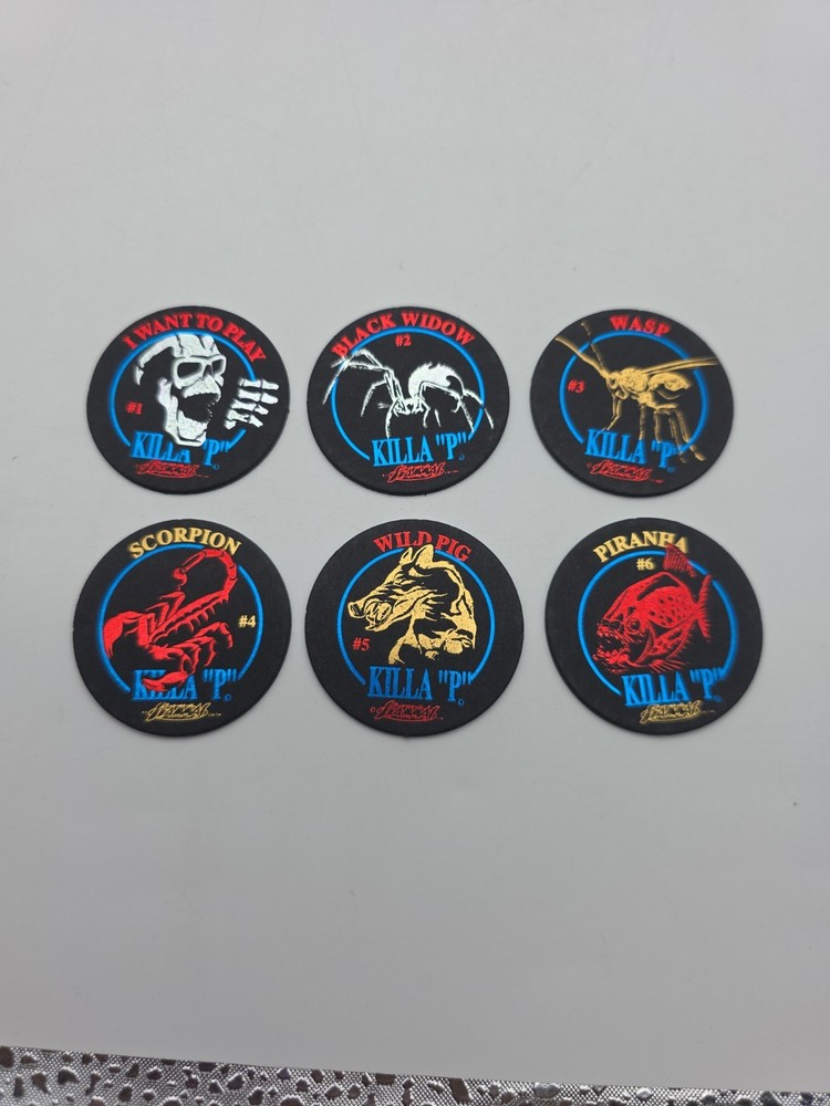 Vntg POGs 1990s Slammas x6 Piranha Killer P Fish Black Game Milk Bottle Cap