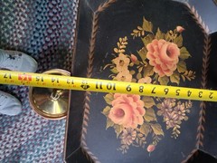 Vtg Hand Painted Tole Metal Tray Floral handles (2564)