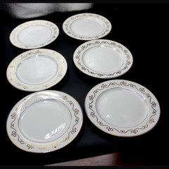 Vintage Pier 1 Salad Dessert Plates Set White Gold Scroll Red Ornaments Design