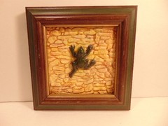 Modern framed decorative tile with high relief frog; Studio label on reverse
