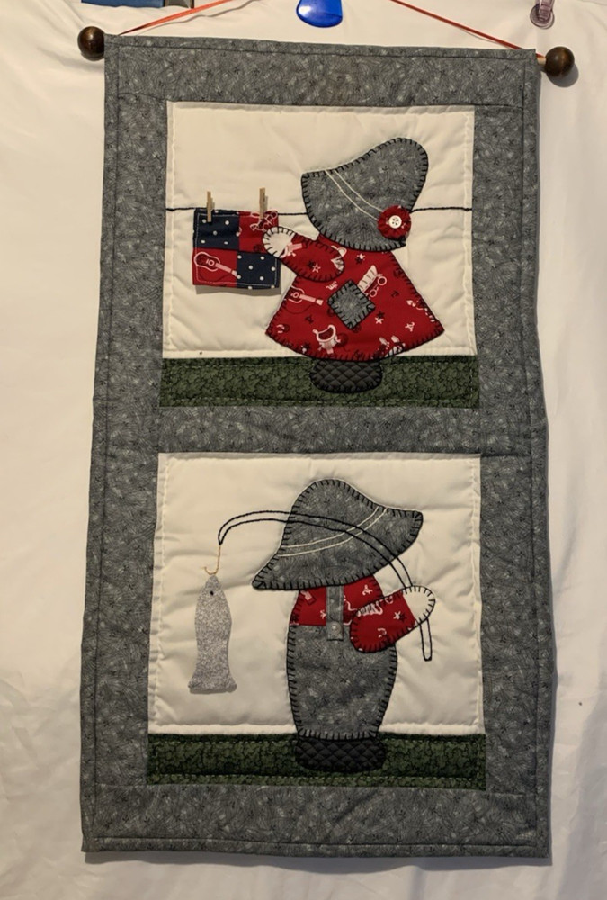 Unbranded GIRL HANGING LAUNDRY & BOY FISHING Appliqued Quilted Wall Hanging EUC