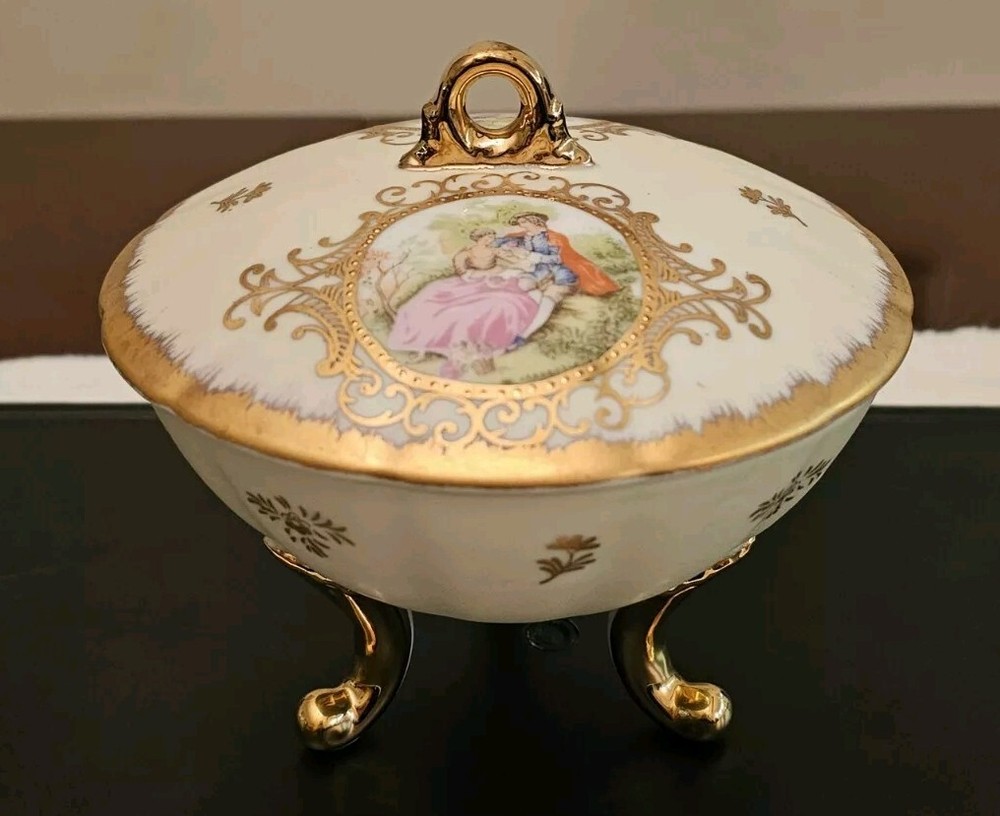 Vintage Lefton China Gold Green Victorian Couple Lidded Dish Footed 1616