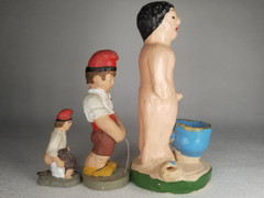 Rare Lot of 3 Polychrome Pottery Caganers using the bathroom some Signed dated
