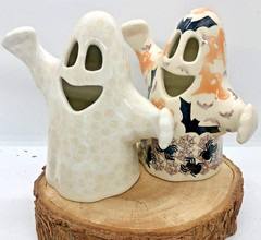 2 Polish Pottery Ceramic Ghost Lantern Figurines White Lace and BOO