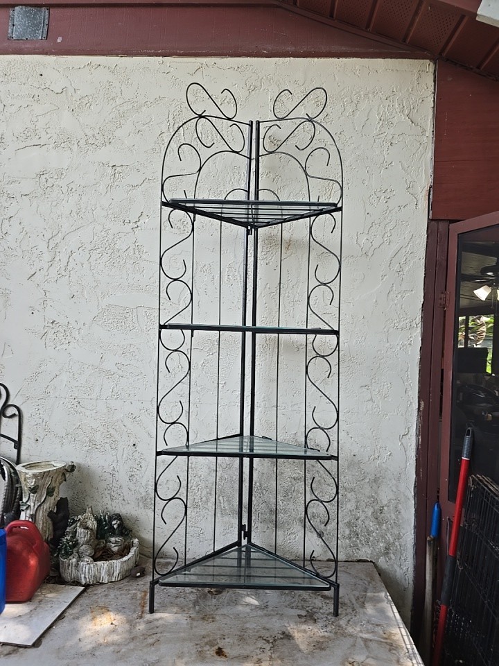 Vintage 6′ Metal corner baker’s rack with scrollwork design and glass shelves