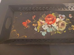Vintage Hand Painted Floral Toleware Rectangular Metal Serving Tray