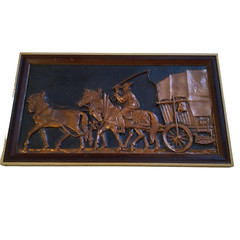 Copper Hand Forged 3D Picture 3 Horses Pulling Wagon Vintage Polish Framed Vtg