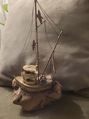 VTG Signed DeMott De Mott Fishing Trawler Shrimp Boat Burl Wood Base Nautical