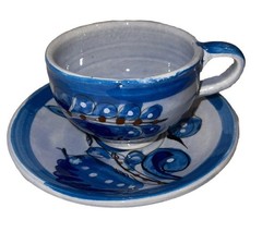 Tonala Mexican Cup Saucer Artisan Handcrafted Cobalt Blue Bird