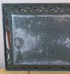 VTG MCM Pierced Metal Toleware Tole Serving Tray Handpainted Fish and Lures VGUC