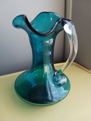 Antique ART GLASS HAND BLOWN PITCHER Pilgram Glass 5″ Blue Bud Vase Creamer