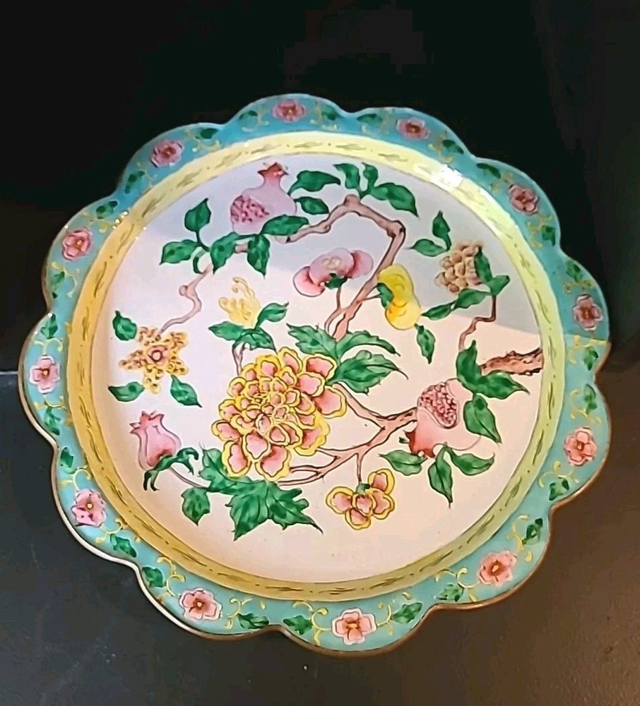 Floral Enameled Copper Plate Republic Of China Scalloped Edge 10″ Decor Plate