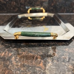 Vintage Serving Platter Inox 15/10 Steel with Green Gold Italy Beautiful Tray