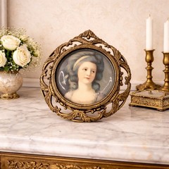 Vintage Miniature Picture Lady in Ornate Brass Frame Germany Rococo Style
