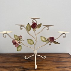 VTG Italian Toleware Tole Ware Candelabra 5 Candle Holder Roses Italy Metal