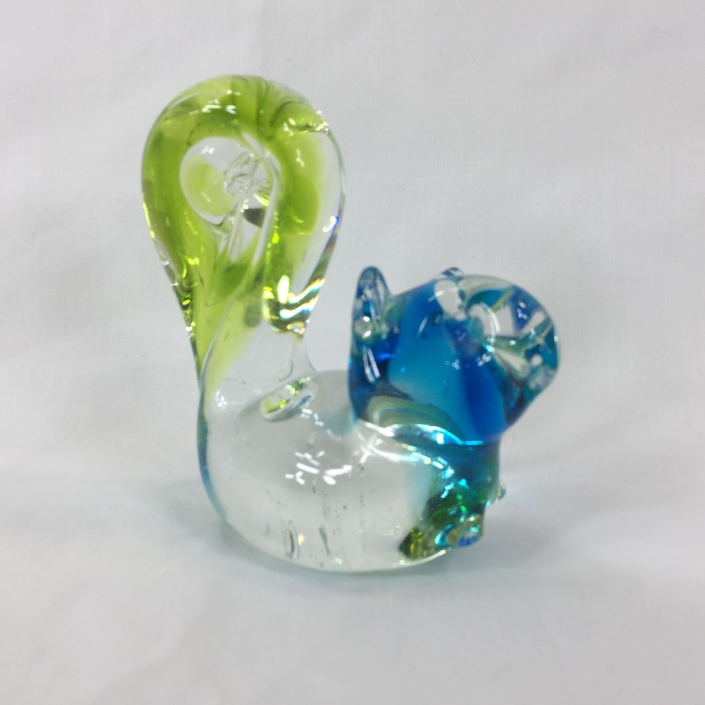Vintage Hand Blown Art Glass Squirrel Figurine Blue Clear Green 3 1/2″ Tall