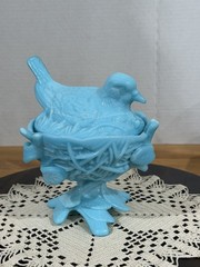 Westmoreland Robin Bird Dove on Nest Footed Bowl Dish & Lid Blue Milk Glass