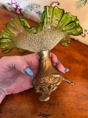 RARE Antique 1860 Craquelle Overshot Art Nouveau Green Bowl On Metal Base