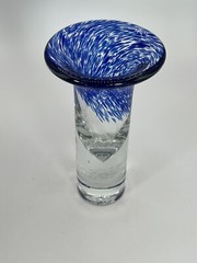 1980s Polish Art Glass Vase White Cobalt Blue Spots Vase Made In Poland Vintage