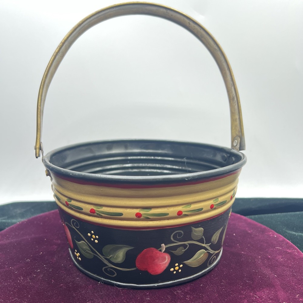 Tin Toleware Tole Ware Bucket Basket Metal Handpainted Apples Vintage