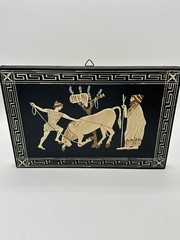 VTG Greek Pictures 2 Wooden Handpainted Black Cream 10 X 7 In Finites Greece