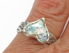 Roman Glass Sterling Silver 925 Heart Ring Ancient Bluish Fragment 200 B.C Size7