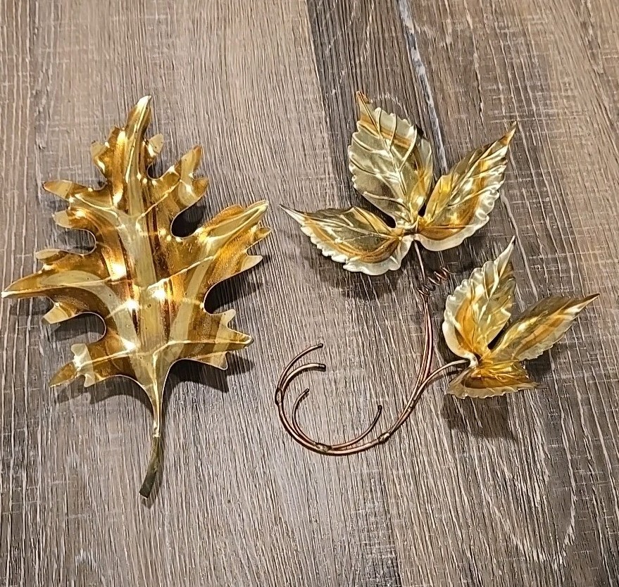 Vintage Home Interiors Gold Metal 2 Oak Leaves Metal Wall Art Decor HOMCO