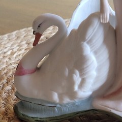 Vintage Art Nouveau Bisque Porcelain Woman with 2 Swans Planter Figurine / Read