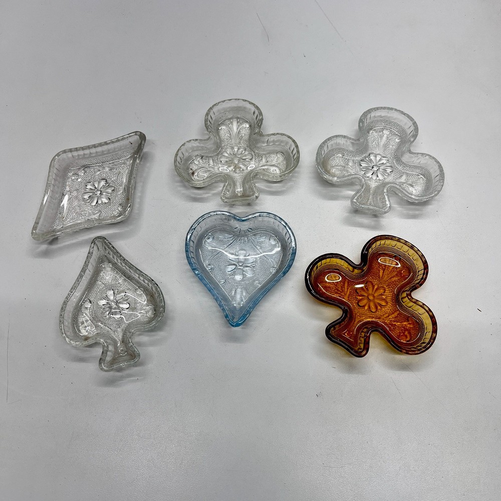 VTG Indiana Glass Lot Card Suit Trinket Dishes Clover Diamond Heart Etc