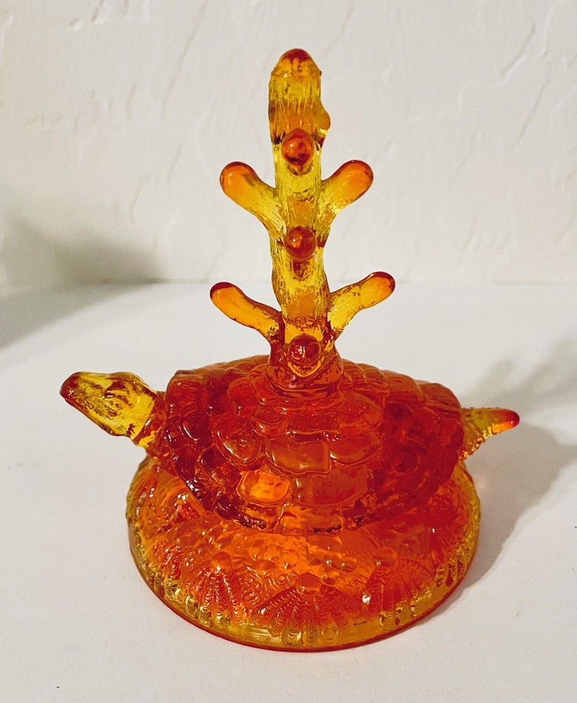 Fenton Orange Amberina Glass Turtle Amber Tree Ring Jewelry Holder